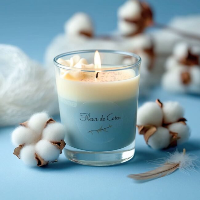 mise en scene bougie artisanale gourmande muri fleur de coton