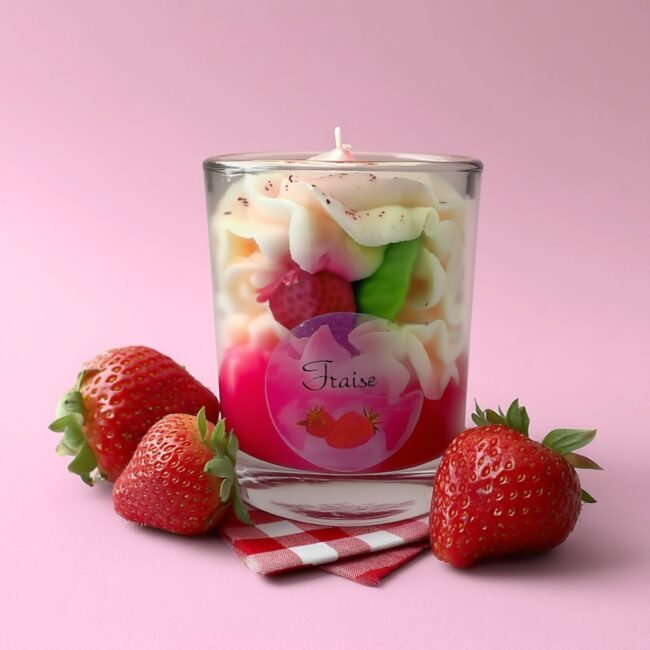 mise en scene bougie artisanale gourmande muri fraise