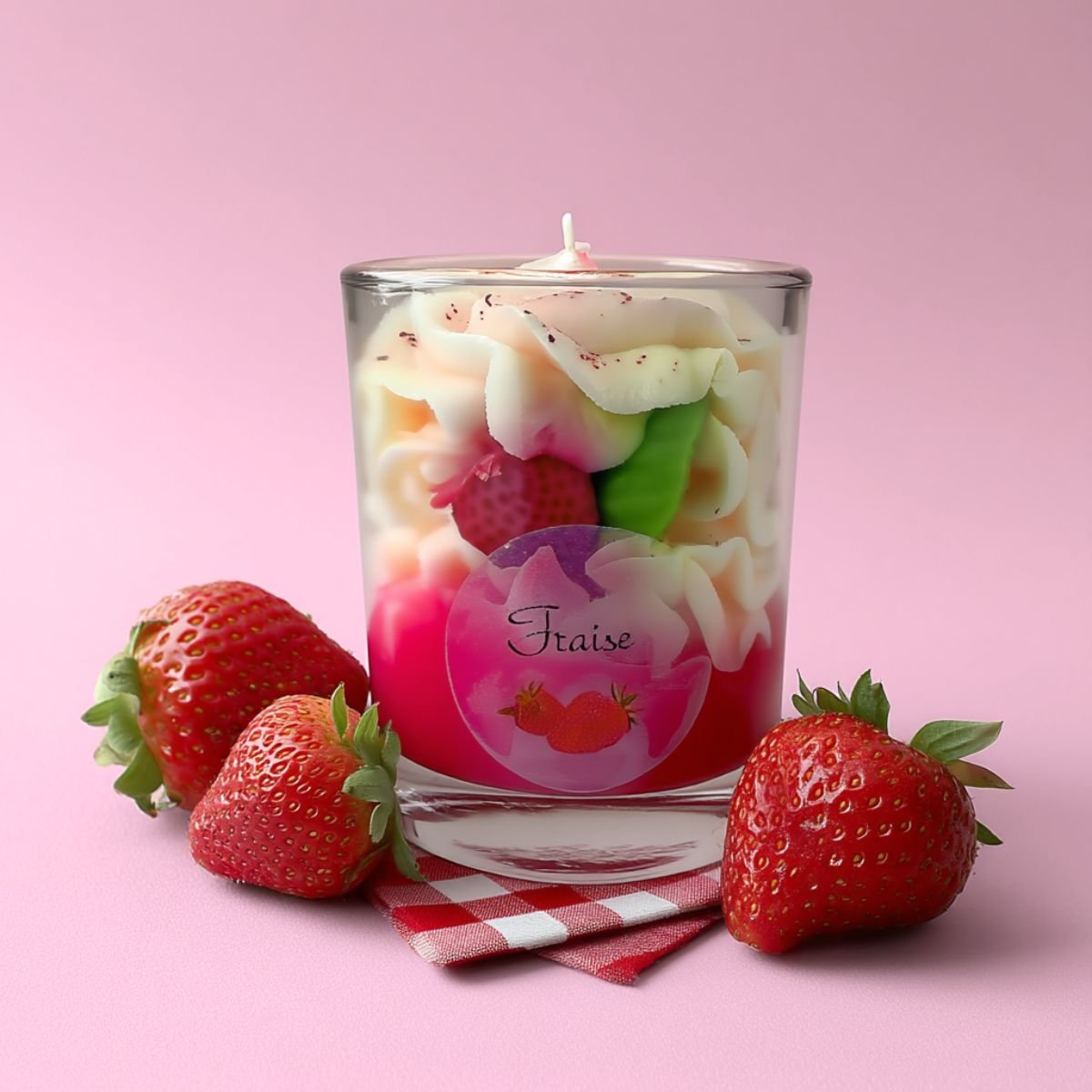 mise en scene bougie artisanale gourmande muri fraise