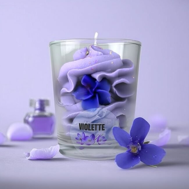 mise en scene bougie artisanale gourmande muri violette