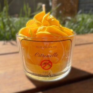 Bougie artisanale parfumée à la citronnelle 150ml, cire jaune décorée, verre transparent avec pictogramme moustique barré