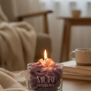 Bougie parfumée à la violette en 150ml de la marque artisanale Muri Créations avec la mèche allumée