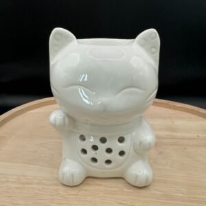 Brûleur d’arômes en forme de chat blanc en céramique, vue de face