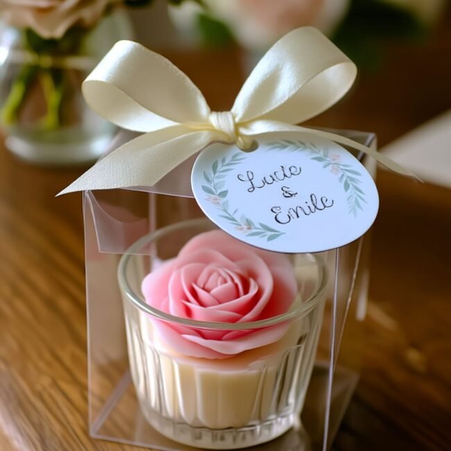 Bougie parfumée en verre avec rose, étiquette personnalisée pour mariage de Lucie et Emile, 16 juin 2024