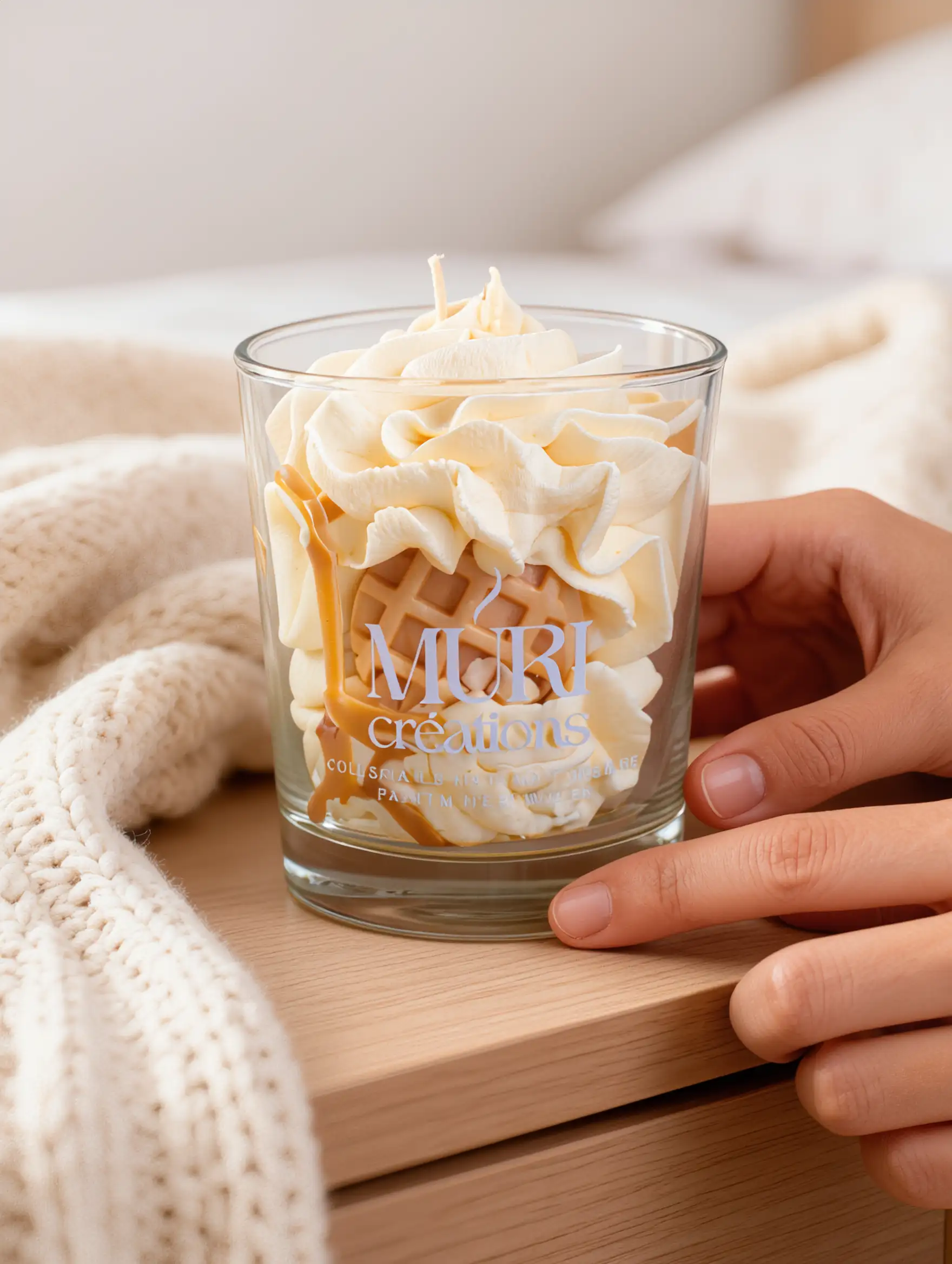Bougie parfumée Nougat Blanc 5 Bougie parfumée gourmande au nougat de la marque artisanale Muri Créations, présentée dans un verre avec de la cire fouettée façon chantilly, une gaufrette et du caramel, tenue en main dans une ambiance cocooning.